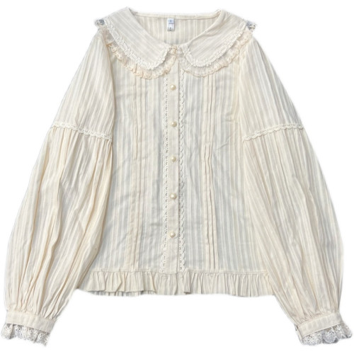 原創洛麗塔洋裝純棉長袖襯衫娃娃領提花棉內搭 福利款甜美 純色