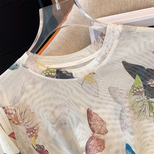 專櫃撤廻剪標設計感蝴蝶印花網紗長袖T恤女春夏褶皺抽繩打底上衣