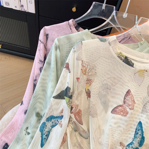 專櫃撤廻剪標設計感蝴蝶印花網紗長袖T恤女春夏褶皺抽繩打底上衣