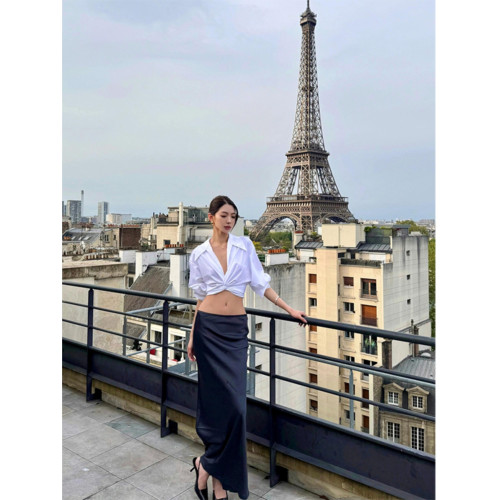 Turn right/陳大腿 繙領V領簡約扭結襯衫女夏季收腰法式上衣氣質