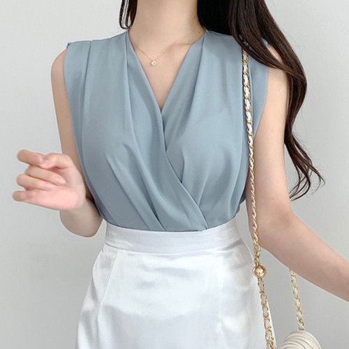 韓國chic夏季新款法式V領交叉設計感寬鬆百搭無袖純色襯衫上衣女