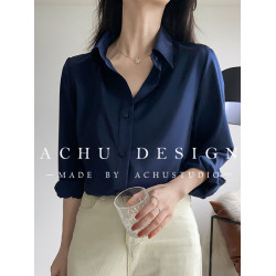 藏青色緞面襯衫女高級感2026春秋新款垂感職業襯衣設計感小衆上衣