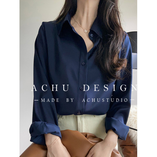 藏青色緞面襯衫女高級感2026春秋新款垂感職業襯衣設計感小衆上衣