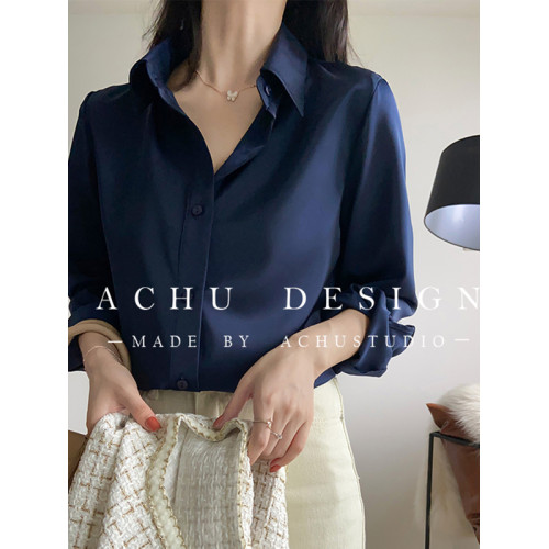 藏青色緞面襯衫女高級感2026春秋新款垂感職業襯衣設計感小衆上衣