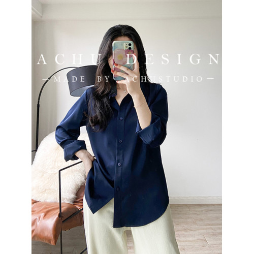 藏青色緞面襯衫女高級感2026春秋新款垂感職業襯衣設計感小衆上衣