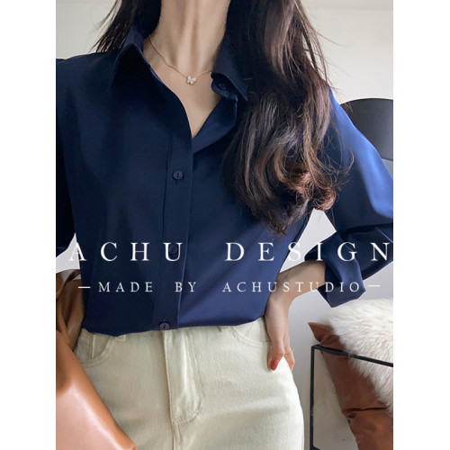 藏青色緞面襯衫女高級感2026春秋新款垂感職業襯衣設計感小衆上衣