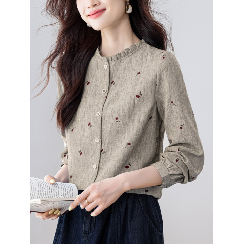 文藝印花長袖棉麻襯衫女士春裝新款氣質休閒小衫百搭洋氣顯瘦上衣