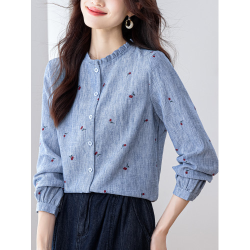 文藝印花長袖棉麻襯衫女士春裝新款氣質休閒小衫百搭洋氣顯瘦上衣