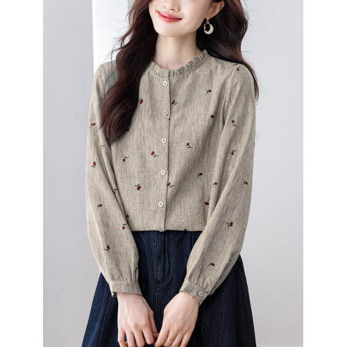 文藝印花長袖棉麻襯衫女士春裝新款氣質休閒小衫百搭洋氣顯瘦上衣