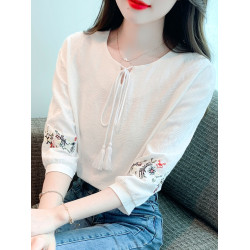 廣州十三行女裝七分袖純棉襯衫女小個子中袖上衣刺綉洋氣小衫T恤