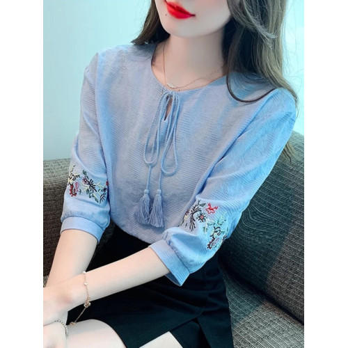 廣州十三行女裝七分袖純棉襯衫女小個子中袖上衣刺綉洋氣小衫T恤