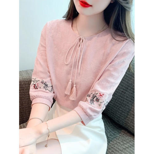 廣州十三行女裝七分袖純棉襯衫女小個子中袖上衣刺綉洋氣小衫T恤