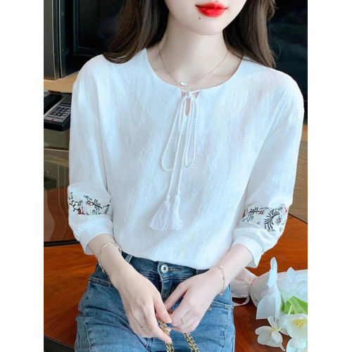 廣州十三行女裝七分袖純棉襯衫女小個子中袖上衣刺綉洋氣小衫T恤