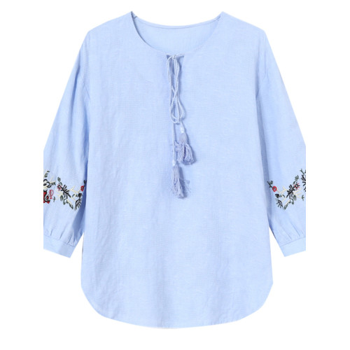 廣州十三行女裝七分袖純棉襯衫女小個子中袖上衣刺綉洋氣小衫T恤