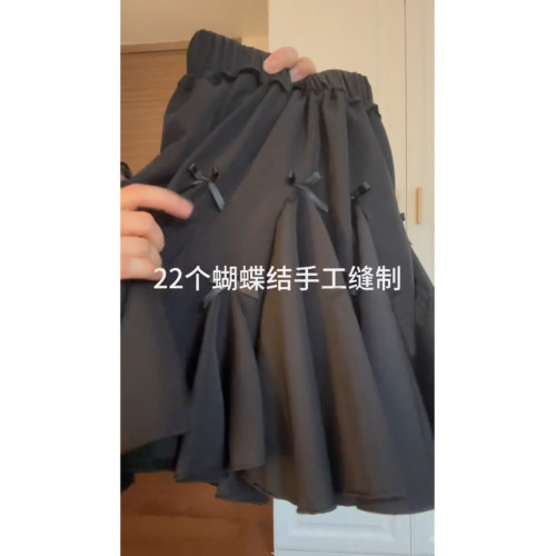 好溫柔甜美~韓系蕾絲花邊t恤上衣夏季黑色蝴蝶結半身裙學院風套裝