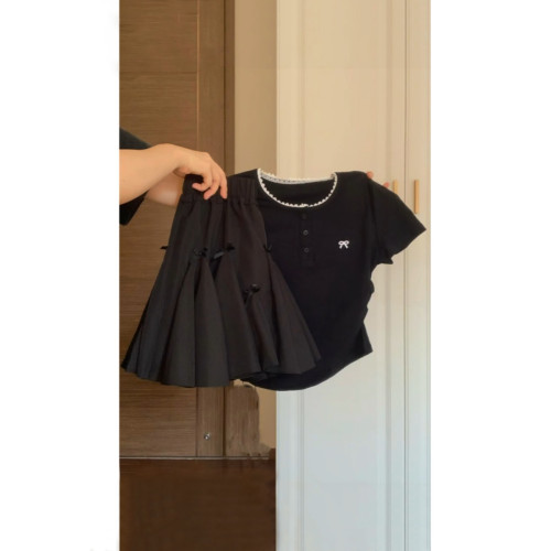 好溫柔甜美~韓系蕾絲花邊t恤上衣夏季黑色蝴蝶結半身裙學院風套裝