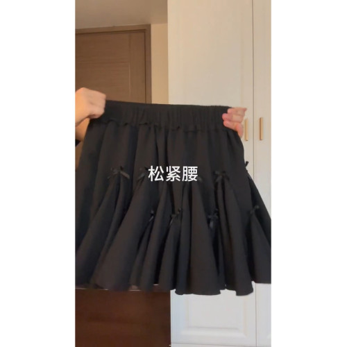 好溫柔甜美~韓系蕾絲花邊t恤上衣夏季黑色蝴蝶結半身裙學院風套裝