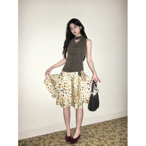 正確版 醋酸天絲迷幻波點雙層斜裁度假風中長款A字半身裙