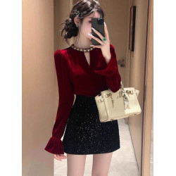 高檔復古赫本風新款修身顯瘦絲絨打底衫女百搭秋冬喇叭袖絕美上衣