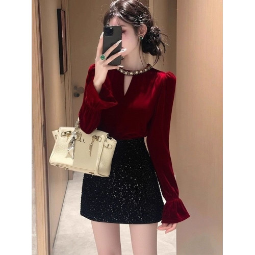 高檔復古赫本風新款修身顯瘦絲絨打底衫女百搭秋冬喇叭袖絕美上衣