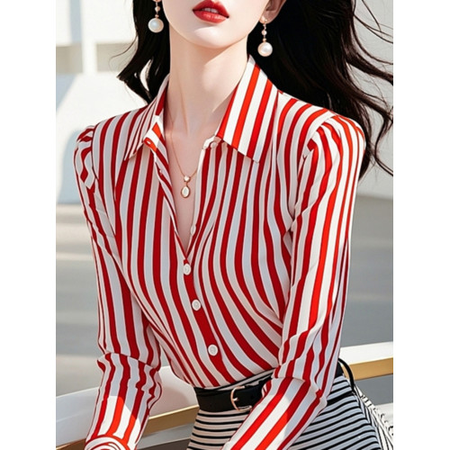 時尚高級感2025年新款秋季女裝法式設計港風別致紅色條紋長袖襯衫