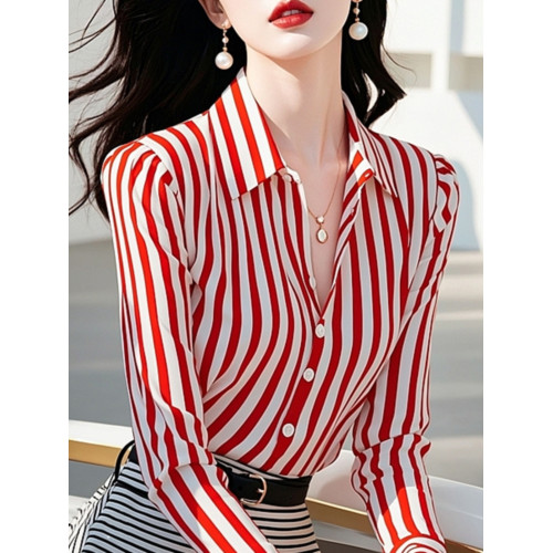 時尚高級感2025年新款秋季女裝法式設計港風別致紅色條紋長袖襯衫