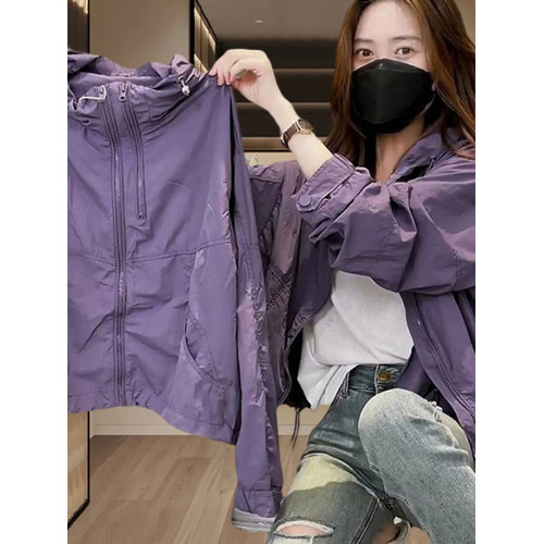 小香風防曬服紫色寬鬆立領長袖防曬衣沖鋒衣薄外套女夏季2026新款