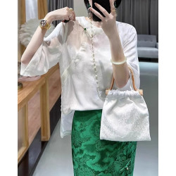 新中式國風純色提花襯衫女夏季復古唐裝斜襟圓領上衣七分袖小衫