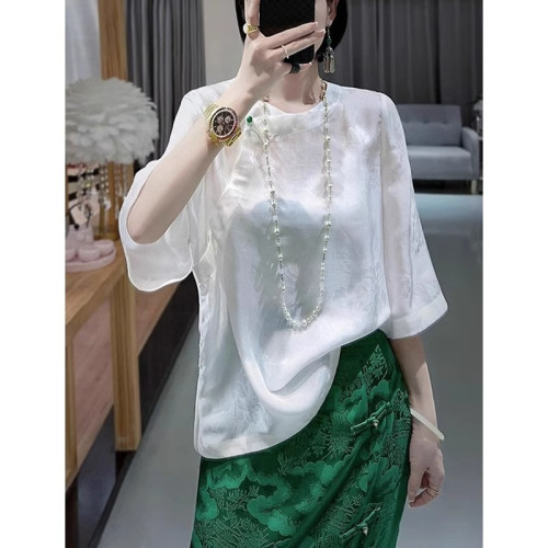 新中式國風純色提花襯衫女夏季復古唐裝斜襟圓領上衣七分袖小衫