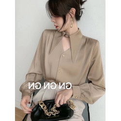 白色緞面襯衫女春秋設計感鏤空氣質通勤尖領長袖職業裝雪紡上衣潮