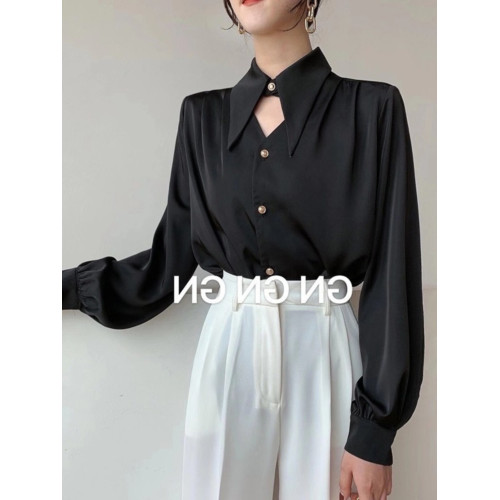 白色緞面襯衫女春秋設計感鏤空氣質通勤尖領長袖職業裝雪紡上衣潮