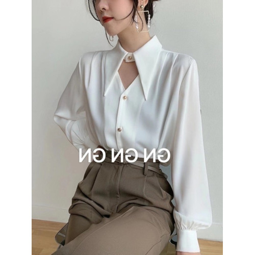 白色緞面襯衫女春秋設計感鏤空氣質通勤尖領長袖職業裝雪紡上衣潮