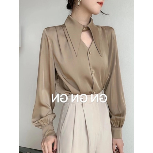 白色緞面襯衫女春秋設計感鏤空氣質通勤尖領長袖職業裝雪紡上衣潮