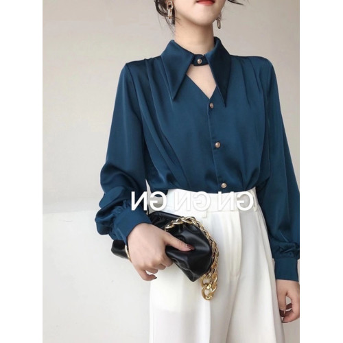 白色緞面襯衫女春秋設計感鏤空氣質通勤尖領長袖職業裝雪紡上衣潮