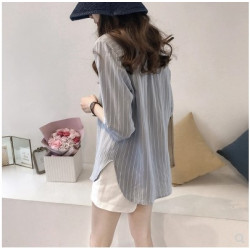 春夏新款韓版時尚大碼圓領條紋襯衫女七分袖上衣寬鬆休閒百搭襯衣