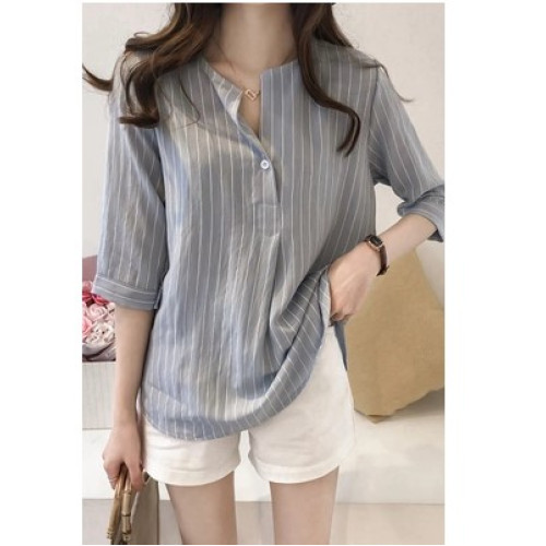 春夏新款韓版時尚大碼圓領條紋襯衫女七分袖上衣寬鬆休閒百搭襯衣