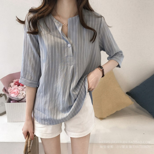 春夏新款韓版時尚大碼圓領條紋襯衫女七分袖上衣寬鬆休閒百搭襯衣