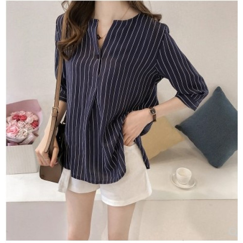 春夏新款韓版時尚大碼圓領條紋襯衫女七分袖上衣寬鬆休閒百搭襯衣
