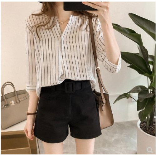 春夏新款韓版時尚大碼圓領條紋襯衫女七分袖上衣寬鬆休閒百搭襯衣