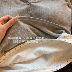 撿漏出口~韓系復古碎花長袖打底衫女內搭假兩件上衣潮流