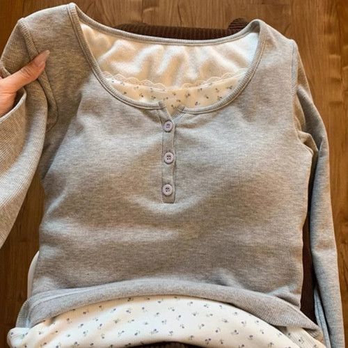 撿漏出口~韓系復古碎花長袖打底衫女內搭假兩件上衣潮流