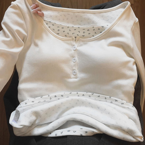 撿漏出口~韓系復古碎花長袖打底衫女內搭假兩件上衣潮流