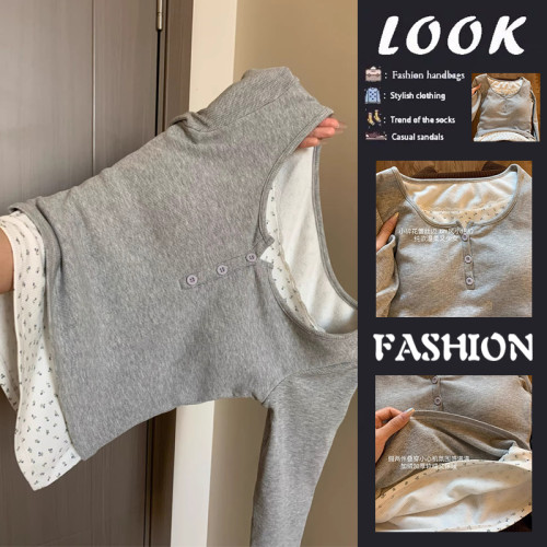 撿漏出口~韓系復古碎花長袖打底衫女內搭假兩件上衣潮流