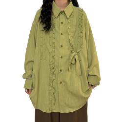 UATONLINE秋冬日系復古文藝風不規則木耳邊設計感長袖寬鬆襯衫潮