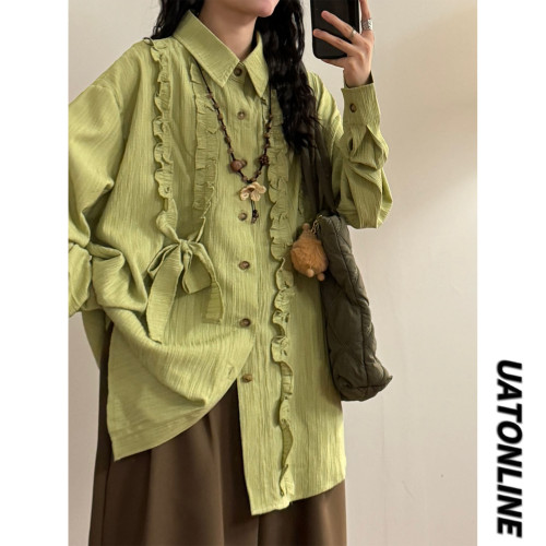 UATONLINE秋冬日系復古文藝風不規則木耳邊設計感長袖寬鬆襯衫潮