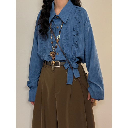 UATONLINE秋冬日系復古文藝風不規則木耳邊設計感長袖寬鬆襯衫潮