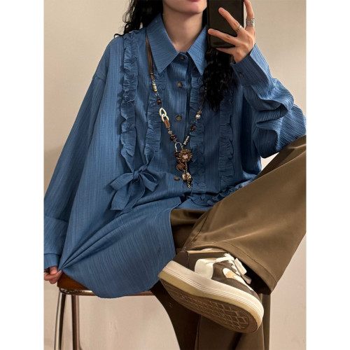 UATONLINE秋冬日系復古文藝風不規則木耳邊設計感長袖寬鬆襯衫潮