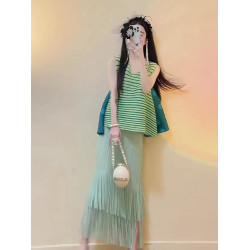 宅家褶皺2025夏季新款套裝女條紋印花無袖上衣高腰清新流蘇中長裙