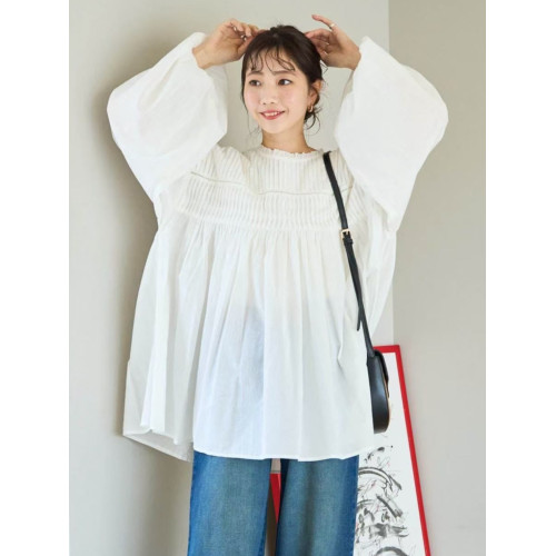 日系純色燈籠袖拼接褶皺襯衫女春夏簡約寬鬆大碼純棉上衣