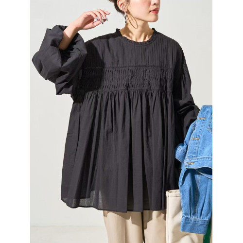 日系純色燈籠袖拼接褶皺襯衫女春夏簡約寬鬆大碼純棉上衣